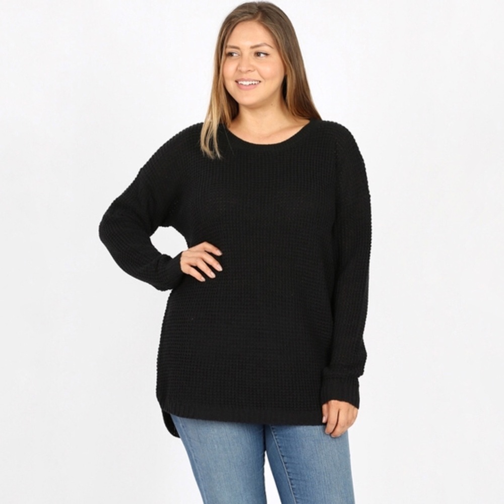 Cement Waffle Knit Round Neck Sweater - Picture 4 of 7